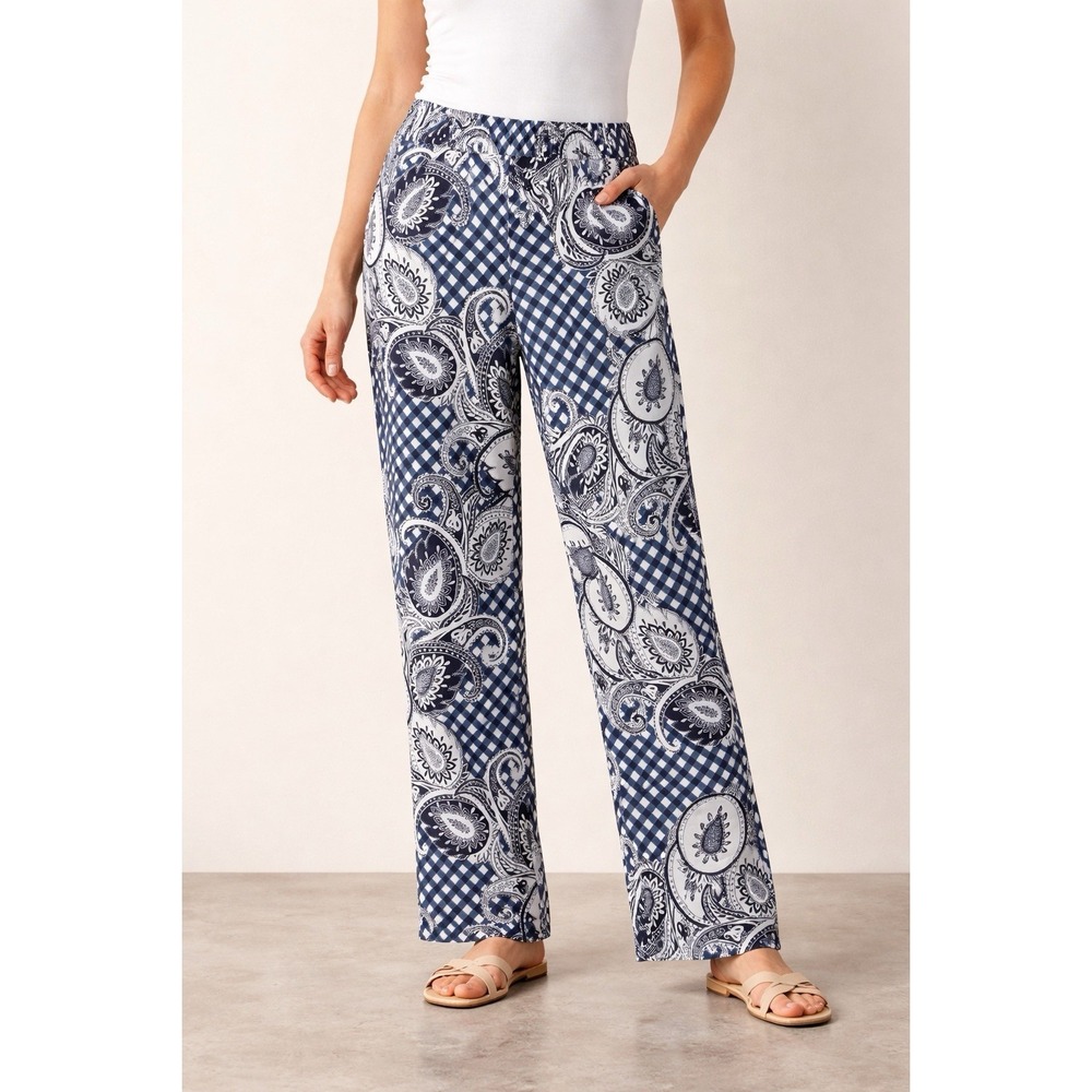Melissa Paige Petite XL Pants Blue Paisley Gingham Stretch Pull On Casual